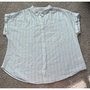 Ava & Viv Womens 1X Light Blue Striped Cotton Gauze Button Down Short Sleeve